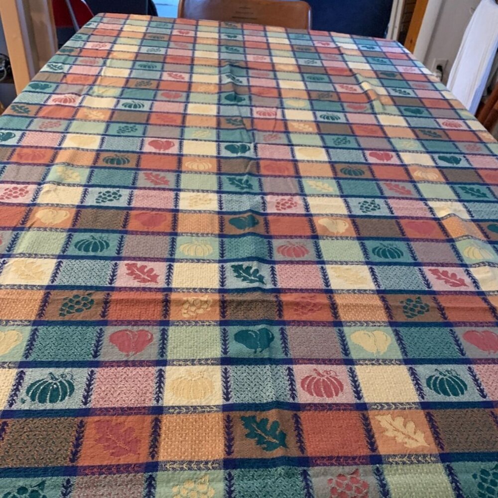Autumn Harvest Plaid Holiday Cotton Tablecloth With Fruit/Leaf Patterns 73"x53"
